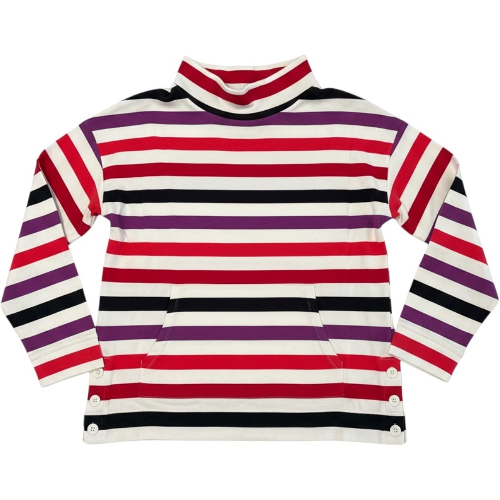T by Talbots Striped Pullover Women's M Red Purple Black Button Hem Preppy Top